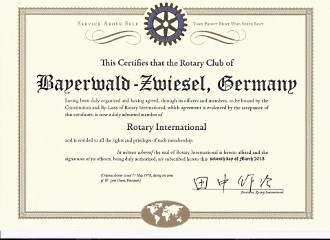 Charter-Urkunde des Rotary Clubs Bayerwald-Zwiesel vom 11.05.1978